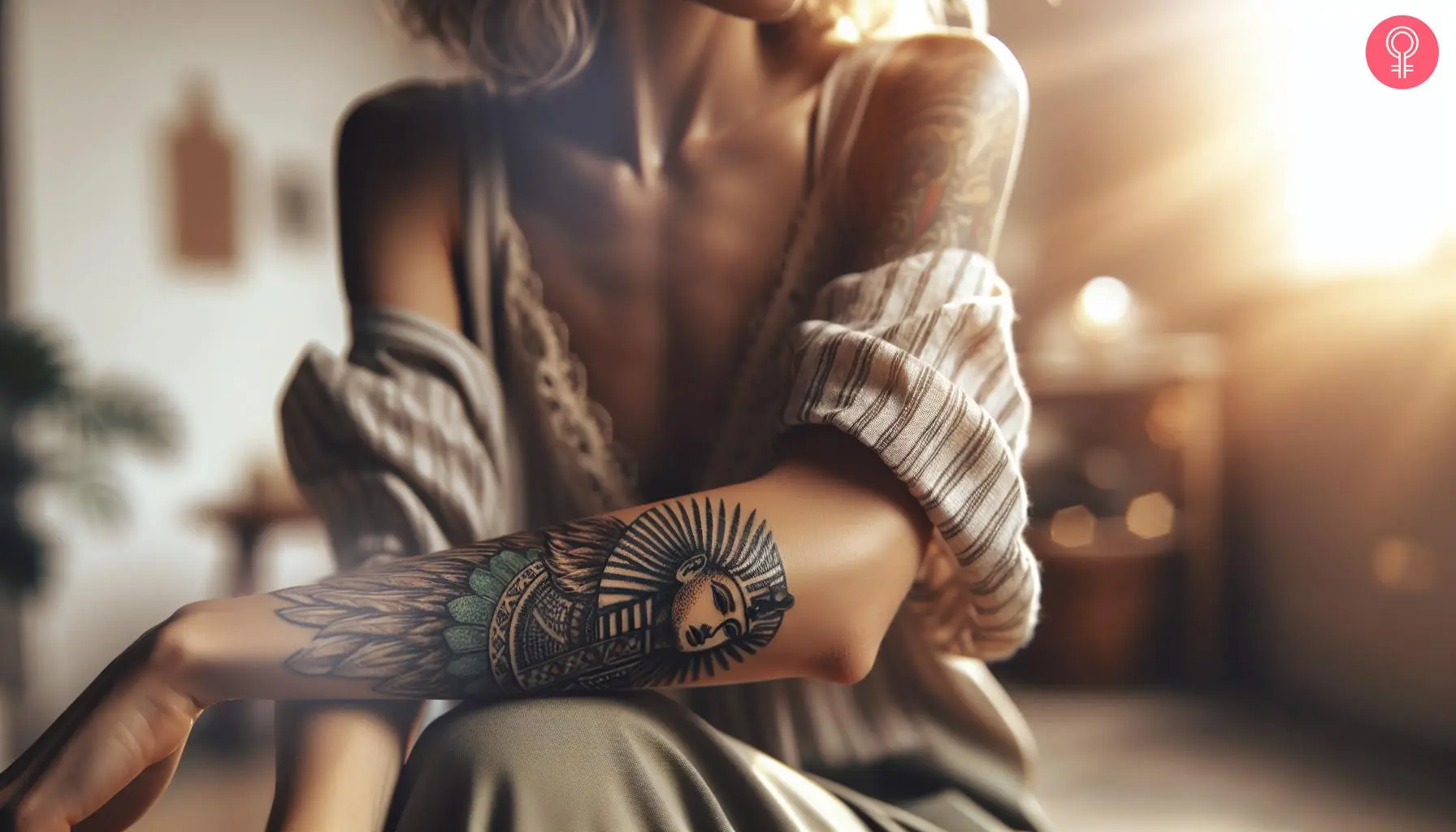 A woman with a traditional sphinx tattoo on her forearm