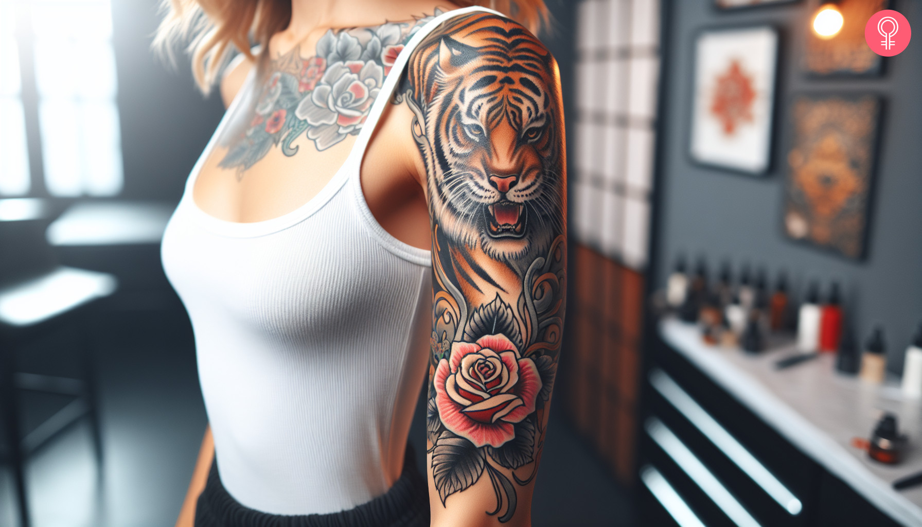 A woman with a colorful, traditional tiger rose tattoo on her upper arm