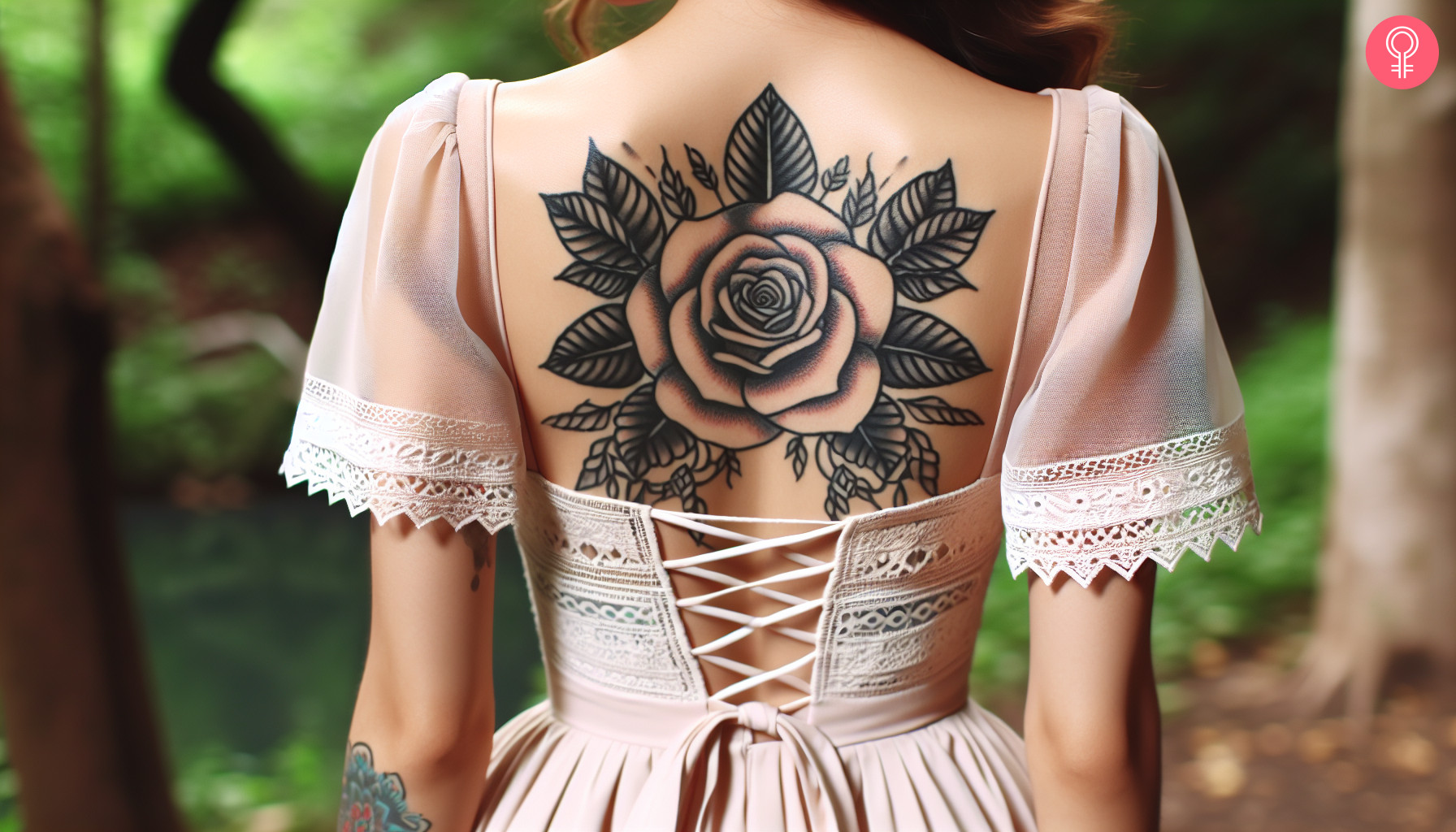 A woman with a traditional tattoo with a black rose and lines