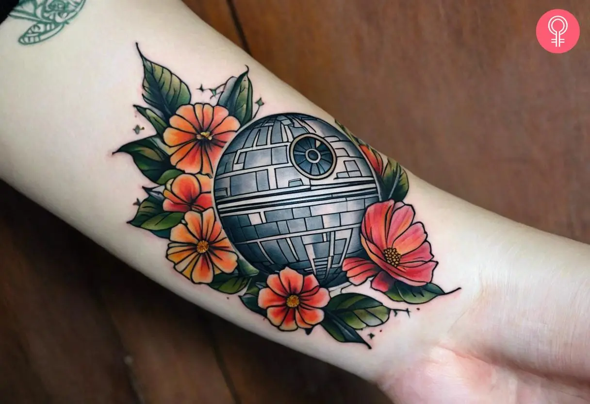 Traditional death star tattoo on a woman’s arm