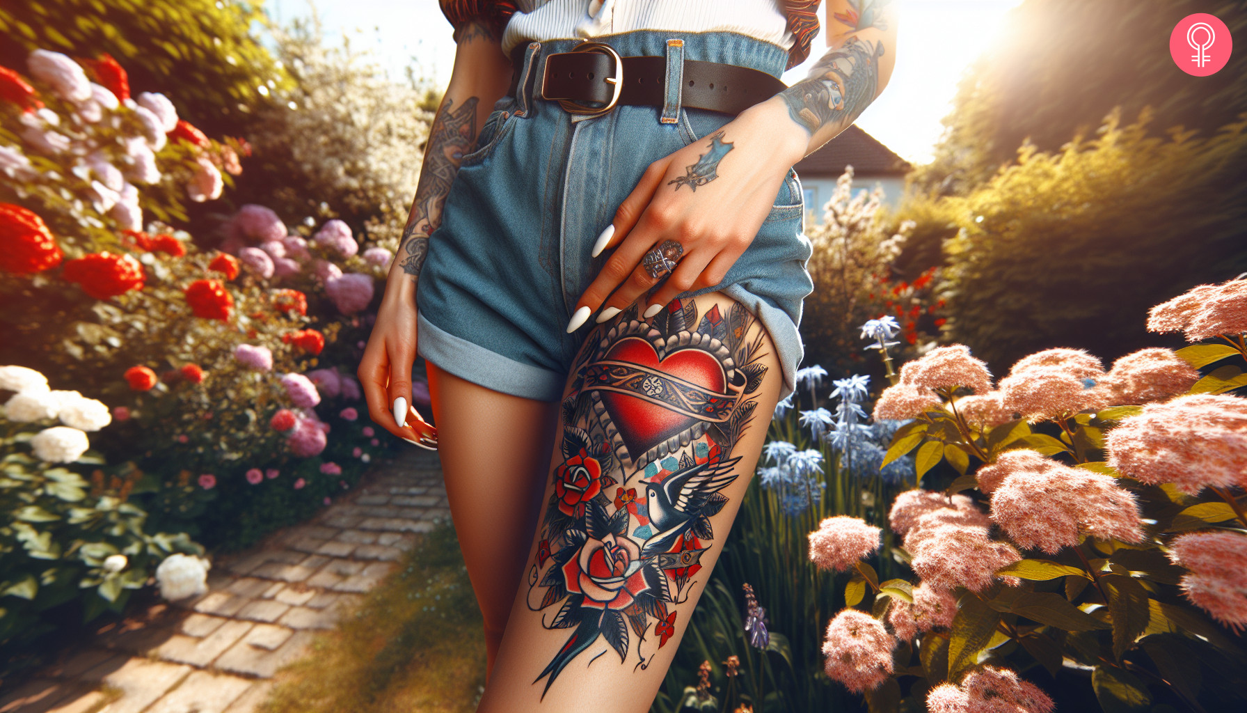 Traditional thigh tattoo with heart ribbon roses dove and tribal feathers