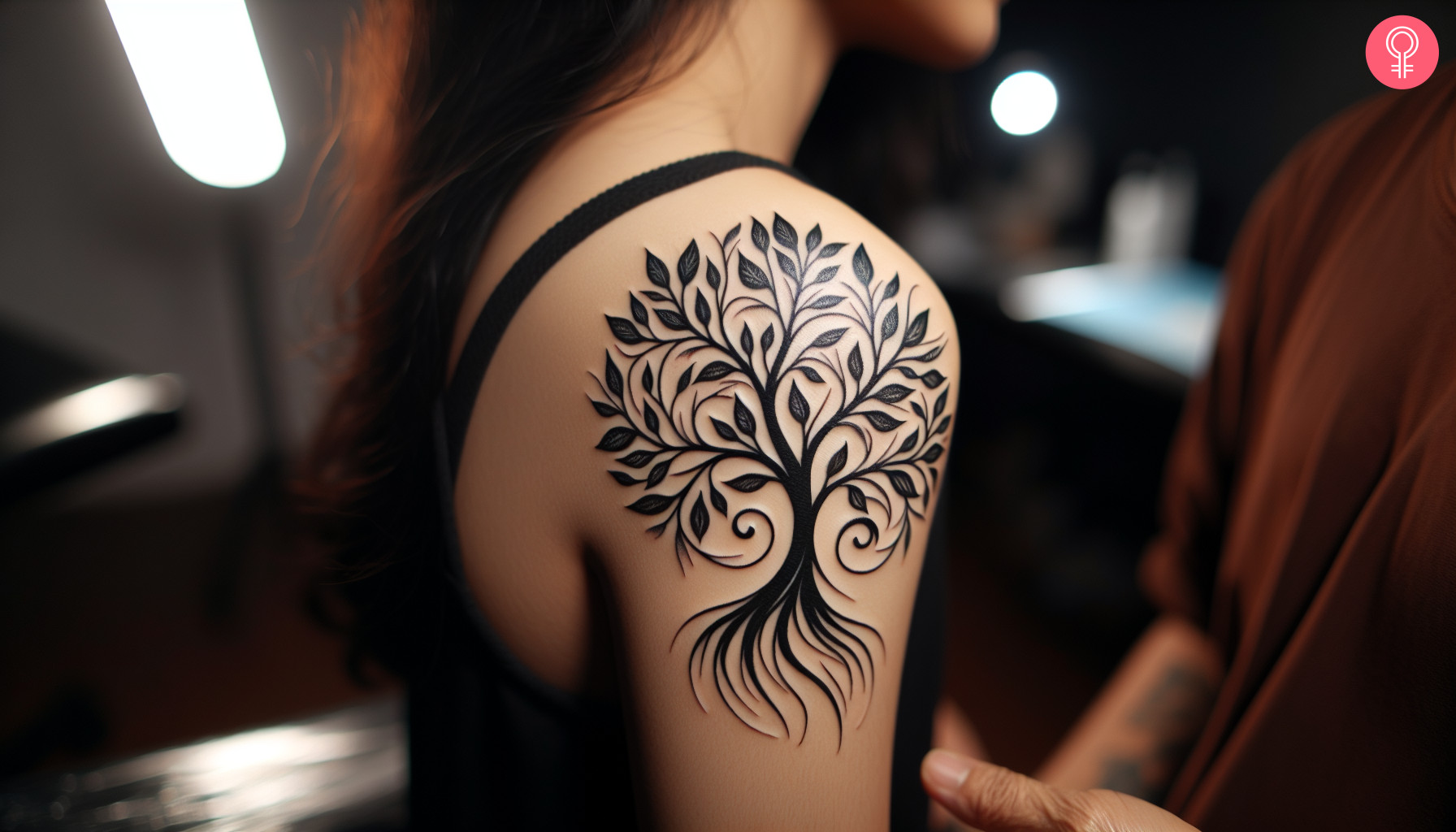 A woman with a black Gaia tree tattoo on her upper arm