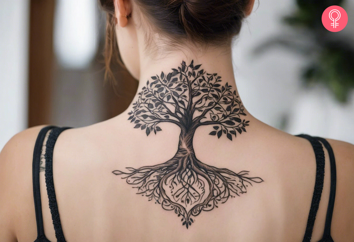 Tree of Life tattoo on the nape of the neck of a woman