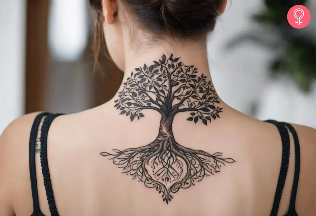 Tree of Life tattoo on the nape of the neck of a woman