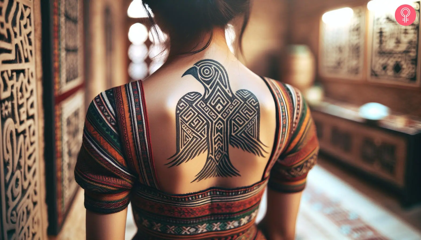 A woman with a black tribal bird tattoo on her back