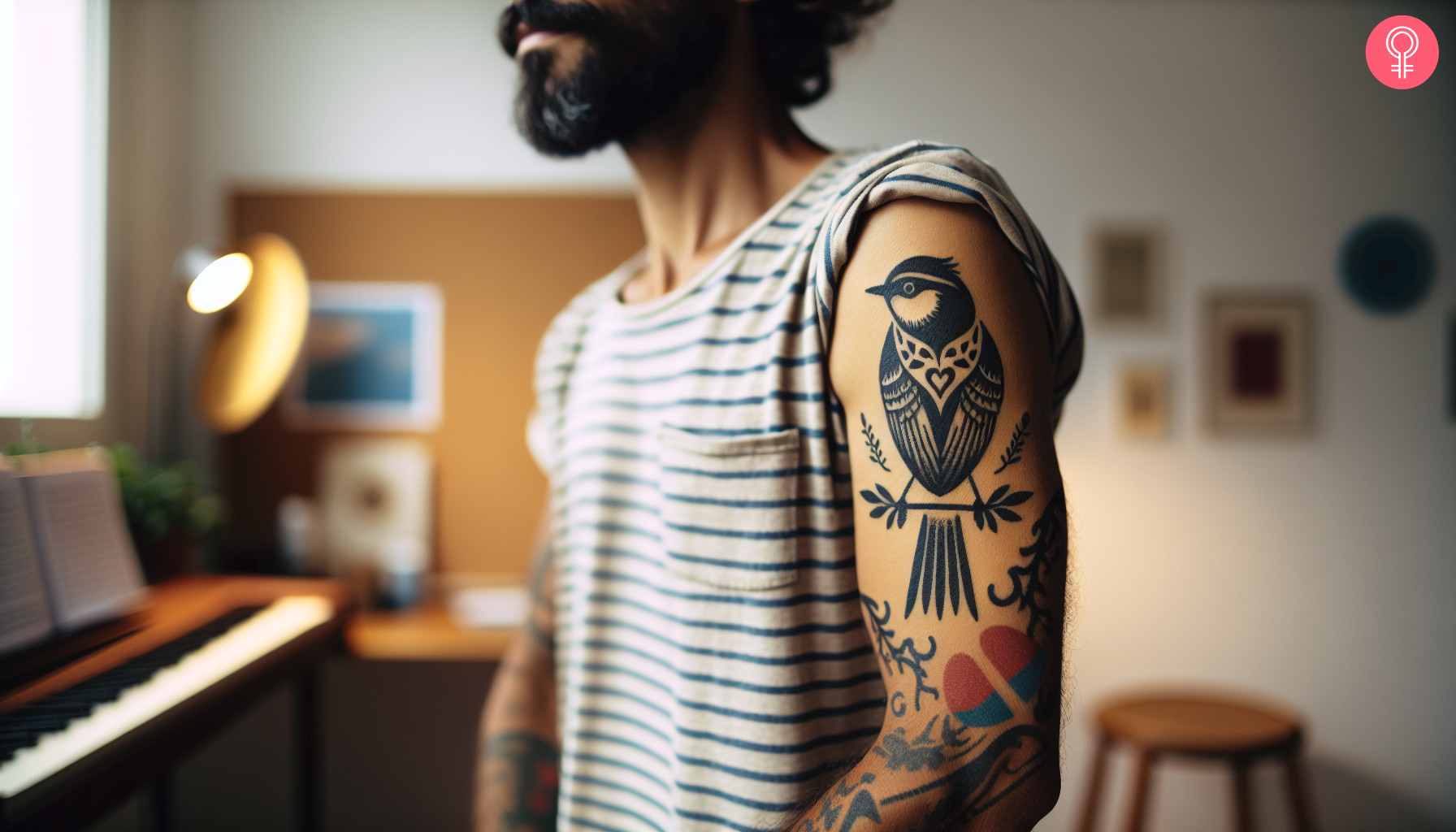 A man with a black tribal bird tattoo on his upper arm