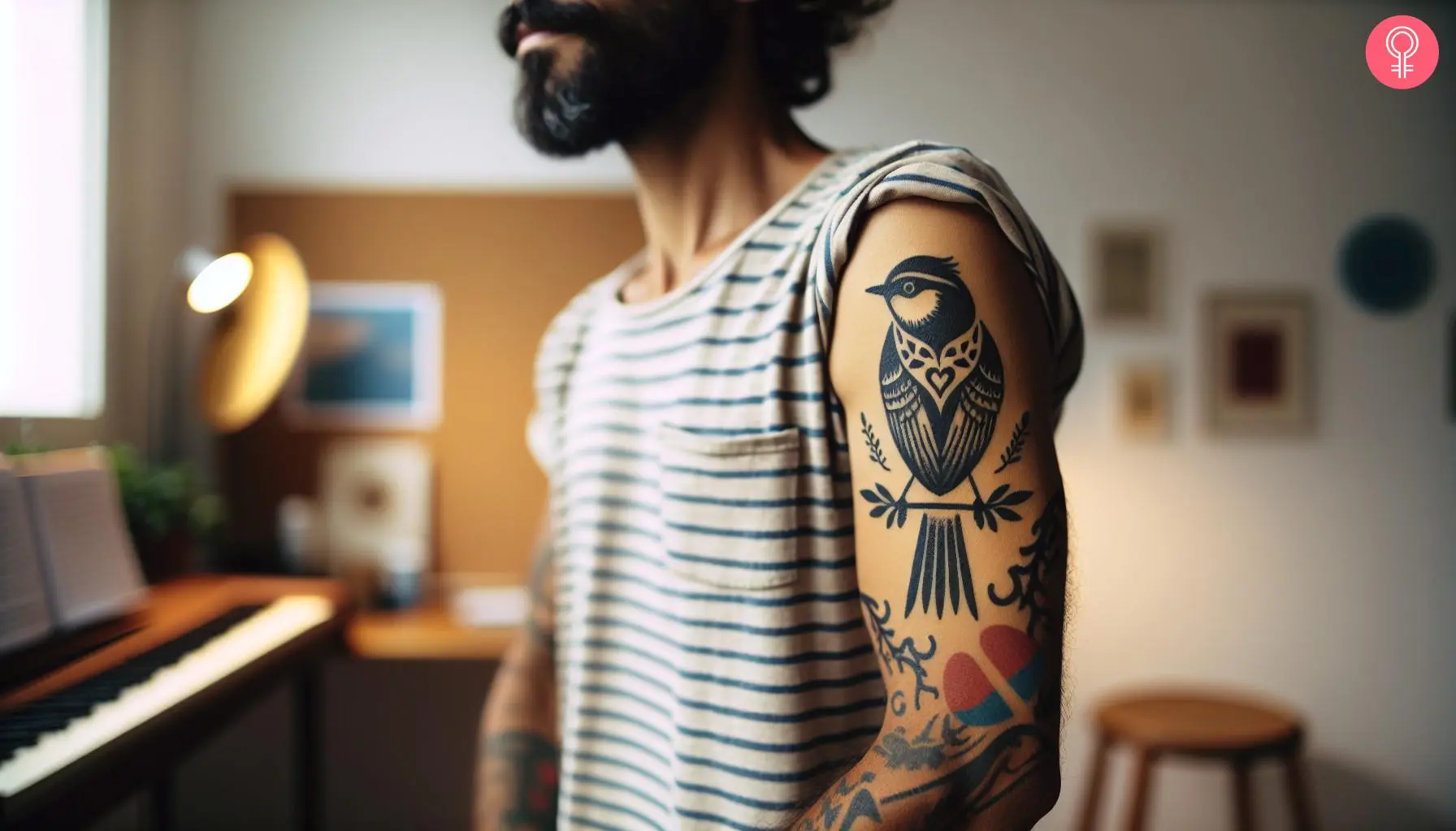 A man with a black tribal bird tattoo on his upper arm