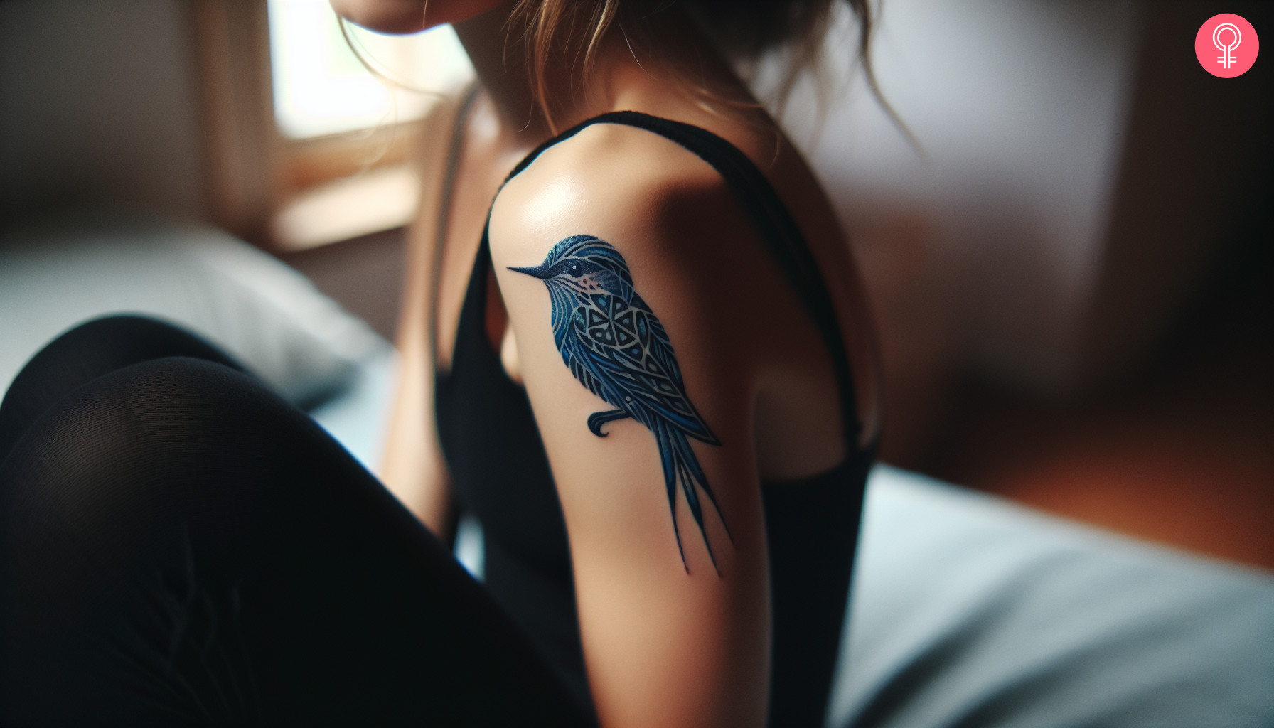 A woman with a blue tribal bird tattoo on her upper arm