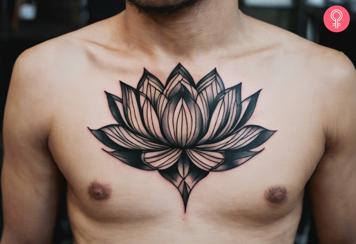 A geometric boho lotus chest tattoo.