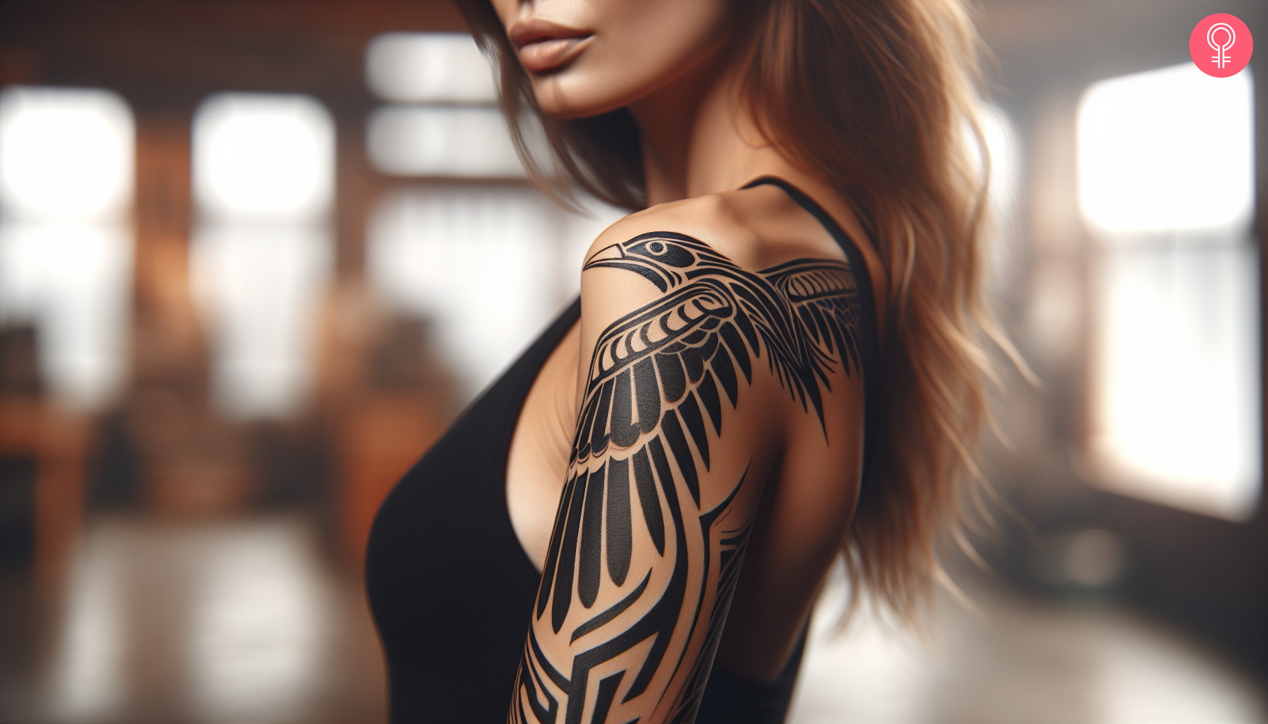 A woman with a black iwa tribal bird tattoo on her upper arm