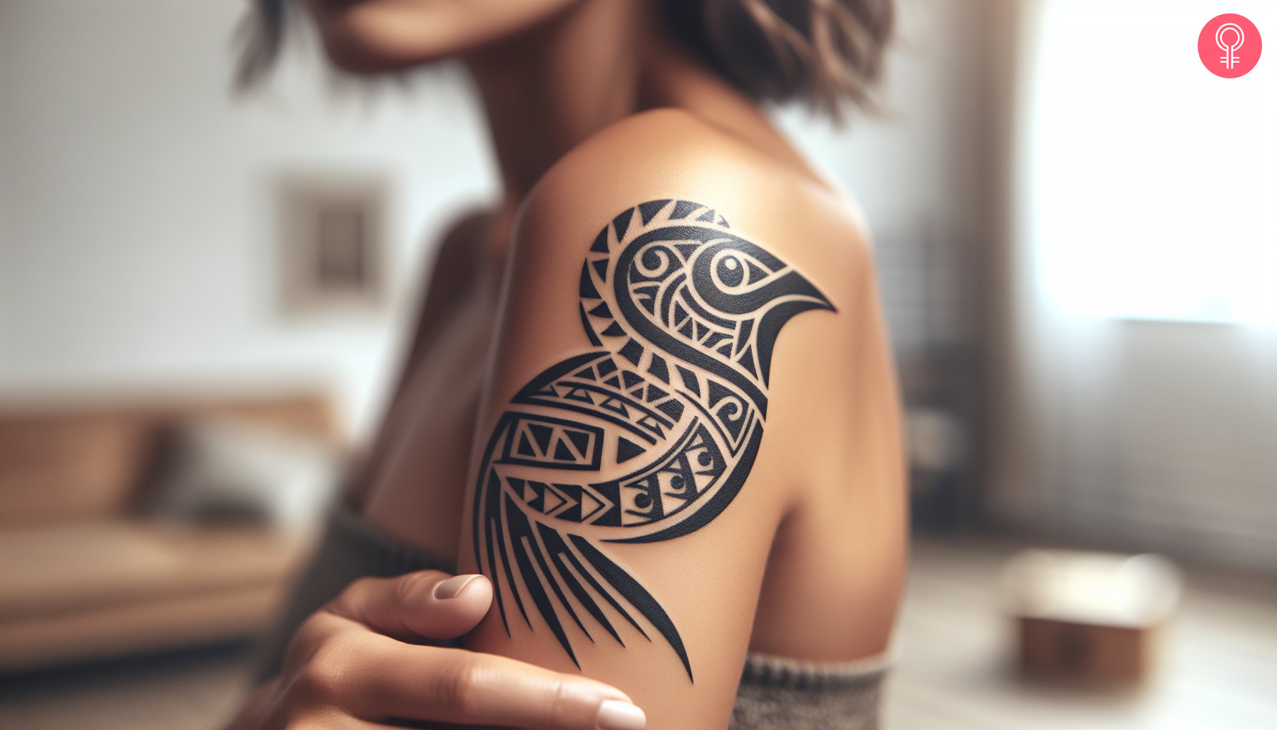 A woman with a black tribal maori bird tattoo on her upper arm