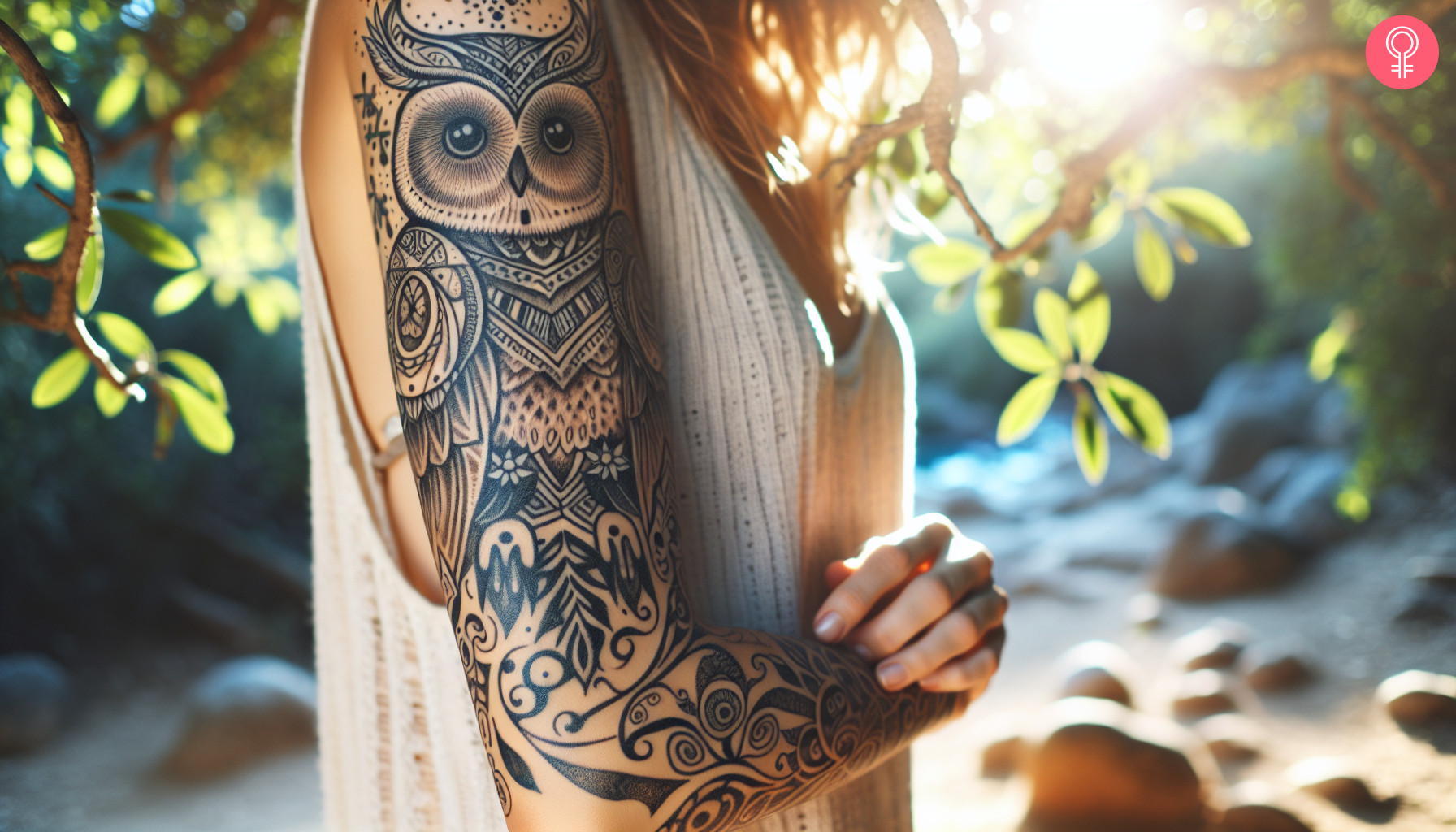 A minimalist tribal Native American owl tattoo featuring bold and geometric patterns on a woman