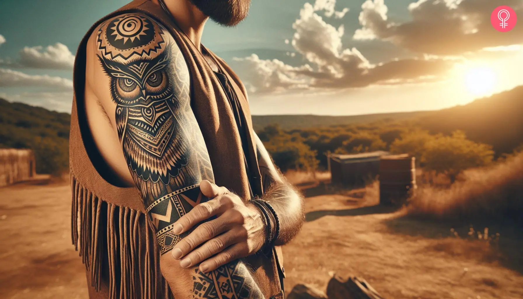 A woman with a tribal owl tattoo in earthy brown and black tones and a sun motif