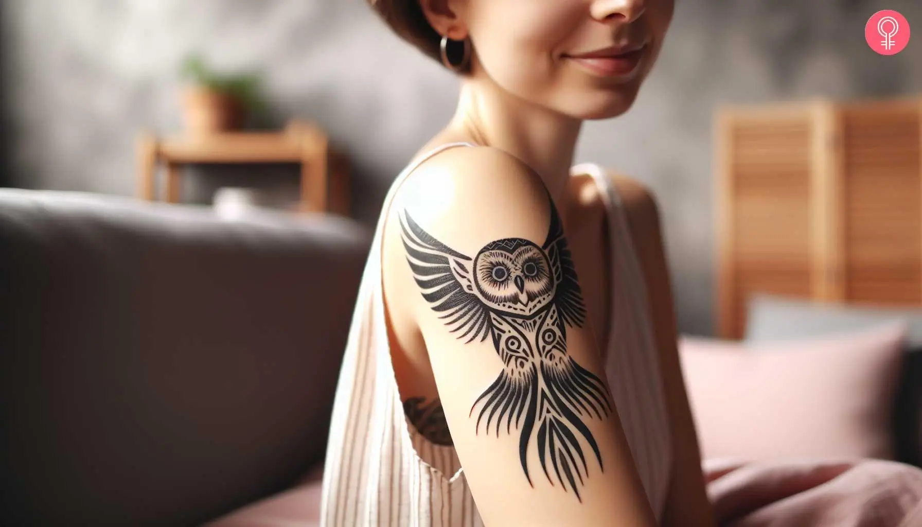 A flying owl tattoo with tribal wings