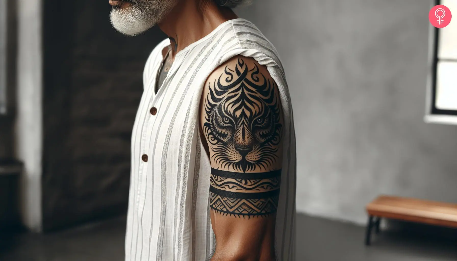 Tribal armband tattoo on the upper arm with a tribal tiger design