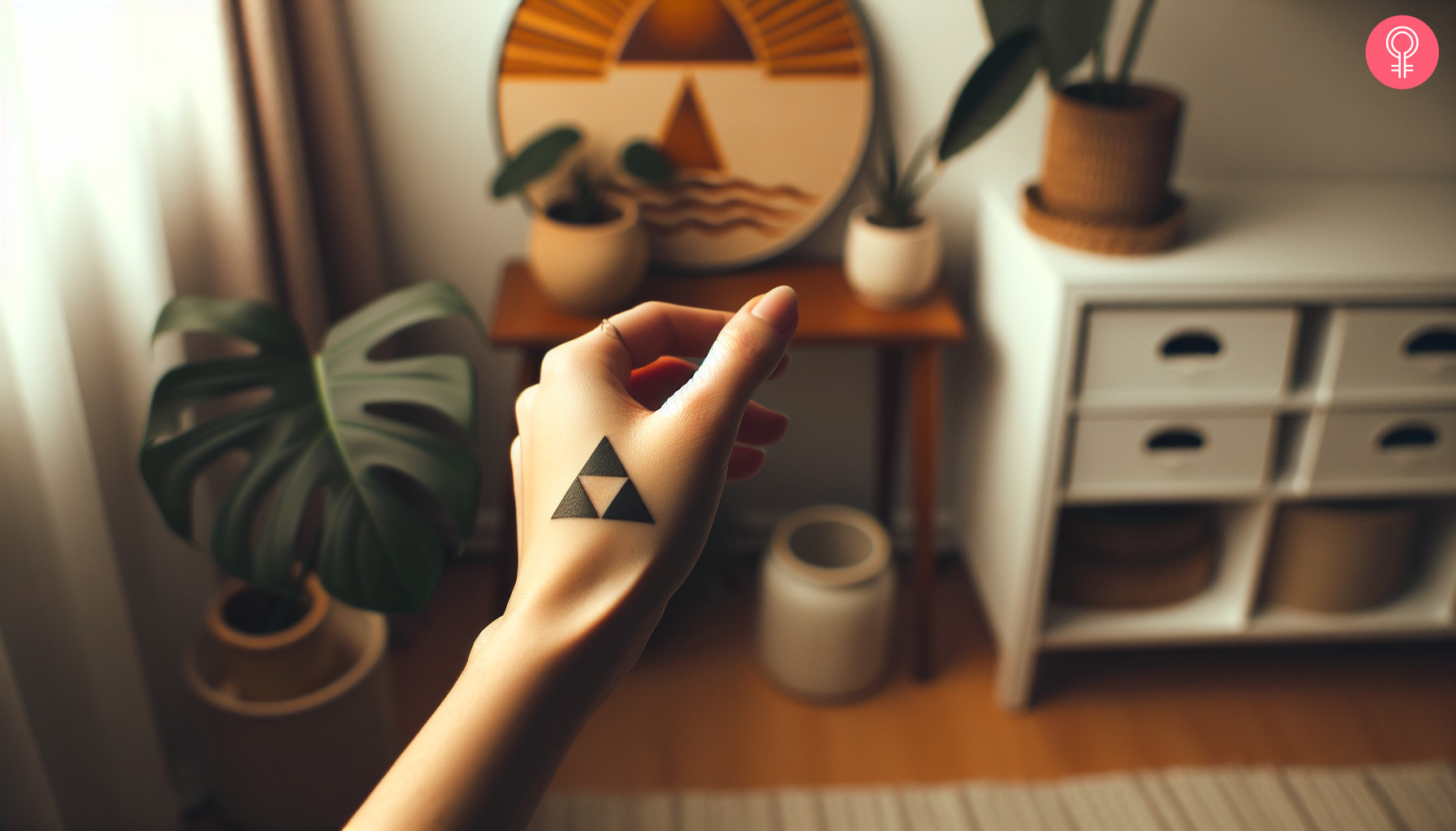 A triforce tattoo in black ink on the back of the hand