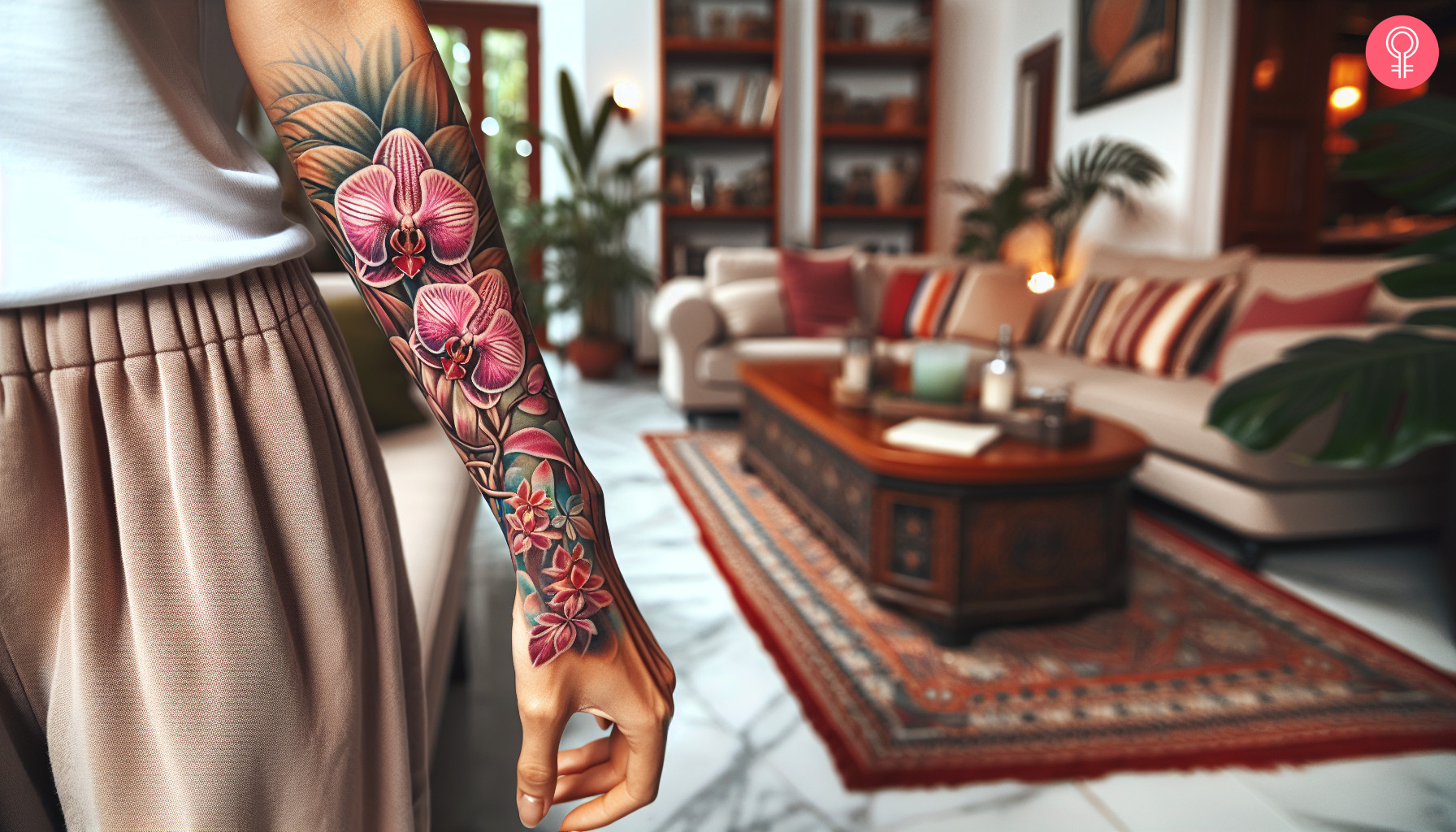 Tropical flower tattoo on the forearm