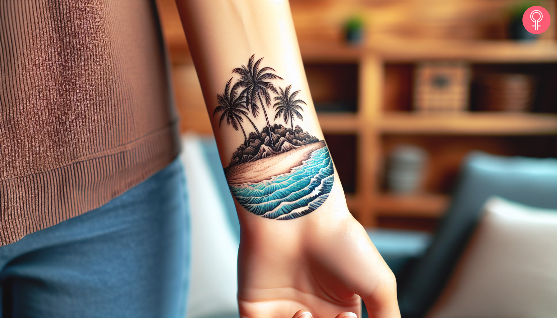 Tropical island tattoo on the wrist