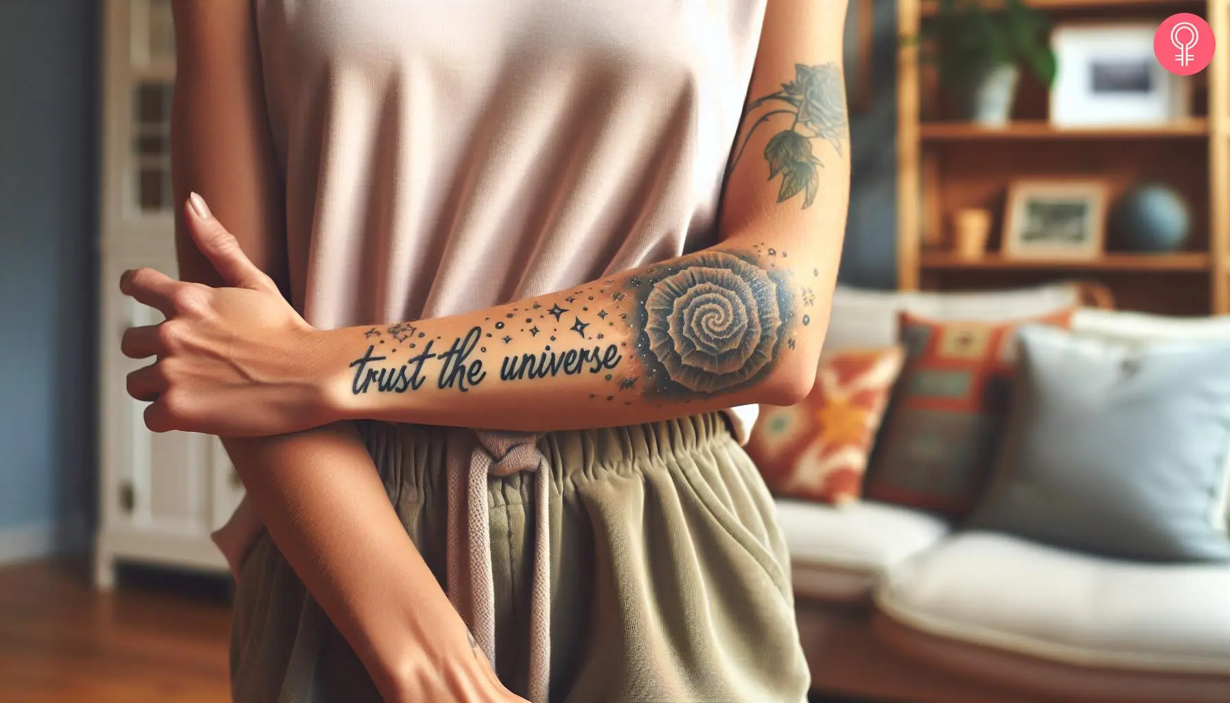 A woman with a trust the universe script tattoo on the lower arm