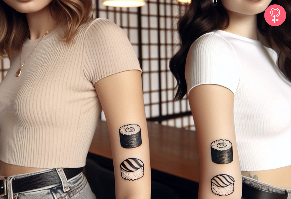 Two girls wearing matching sushi tattoos on their arms