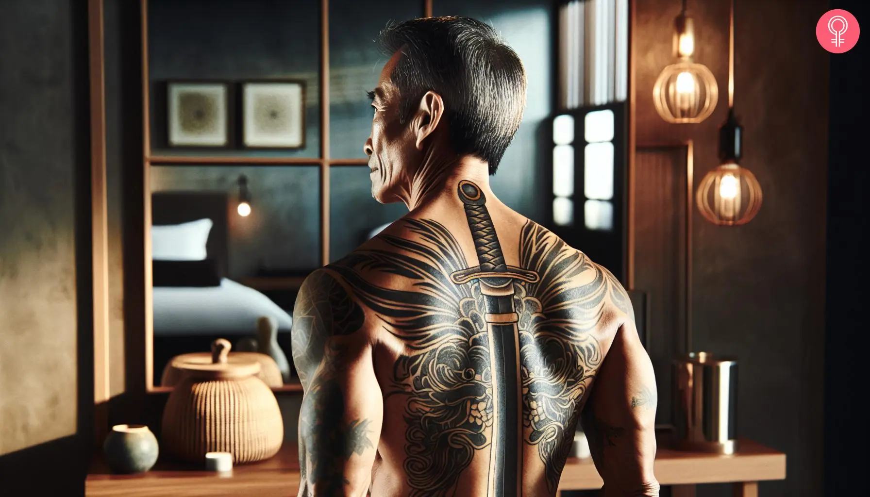 A man with an upper back tattoo of a black sword with dragon scale designs