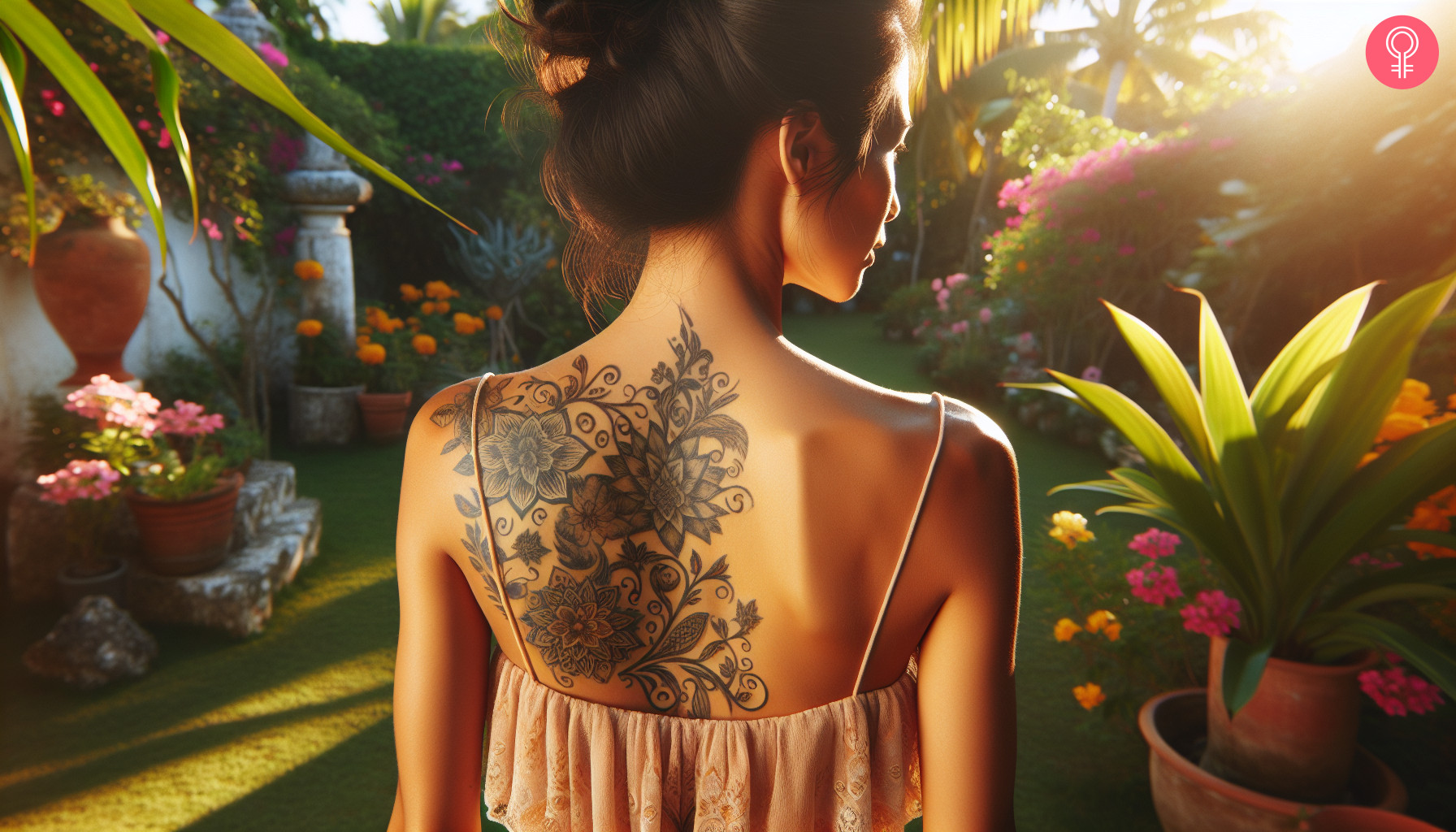 A woman with an upper back tattoo with mandala inspired floral and intricate patterns