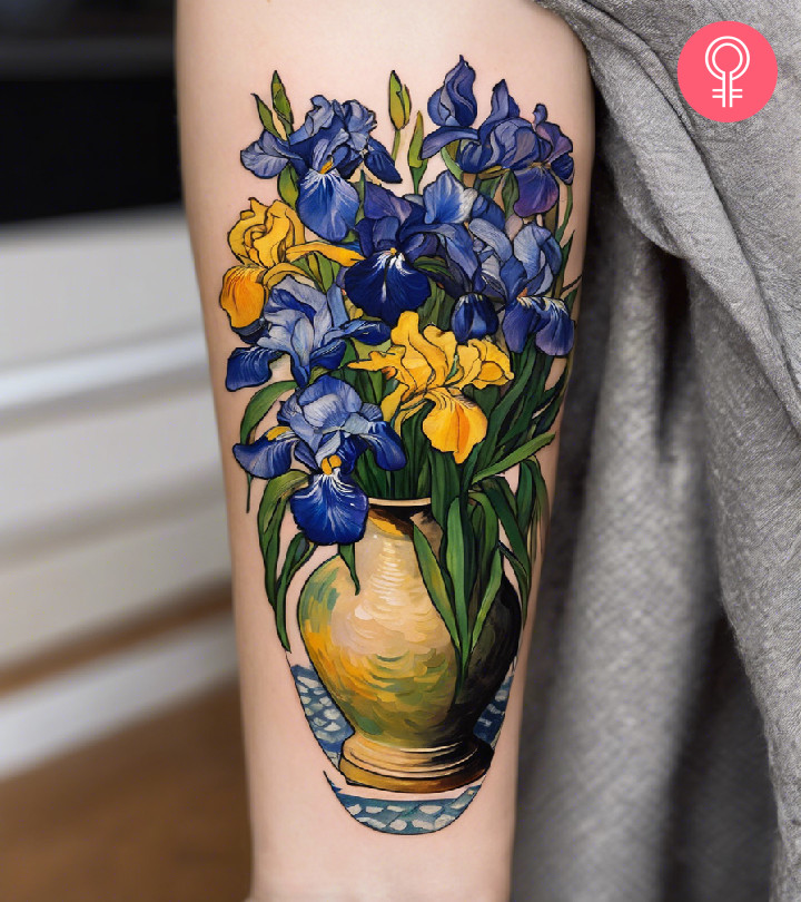 Van Gogh’s Iris painting tattoo in yellow and blue