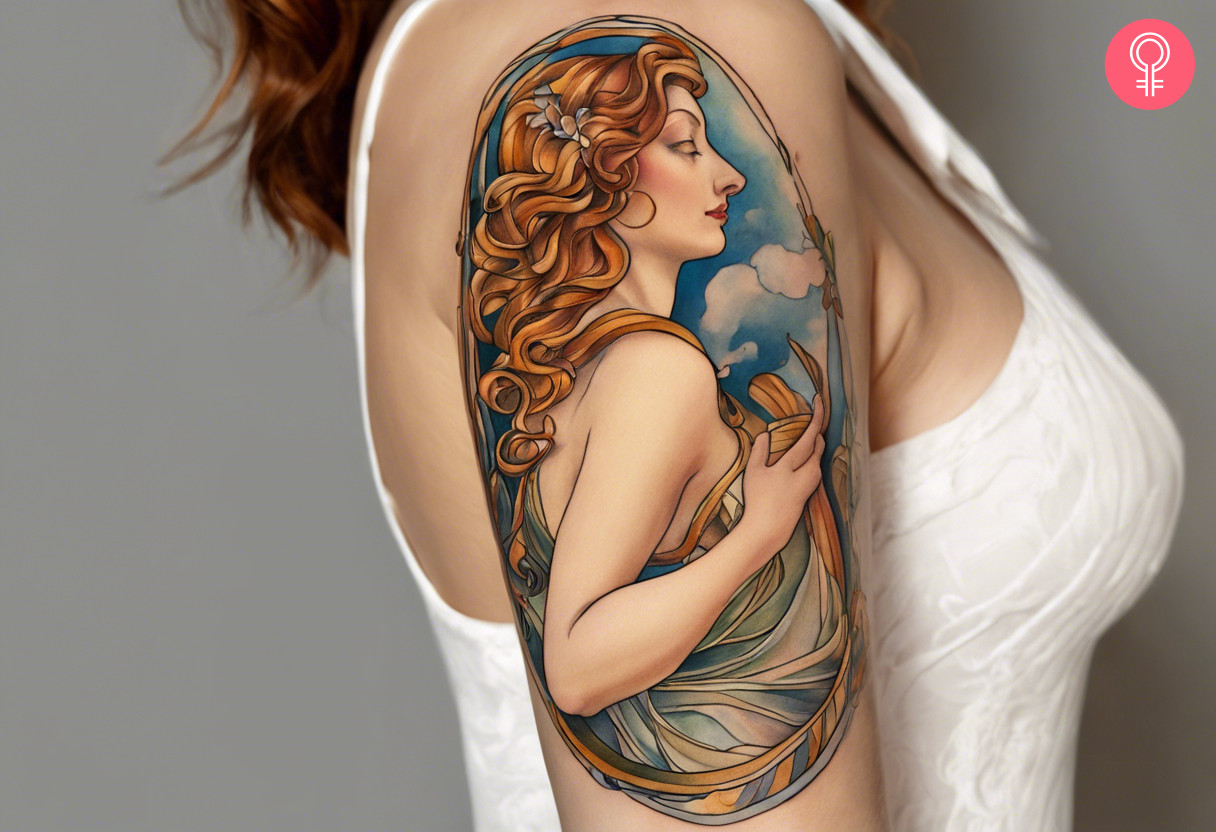 Venus Botticelli tattoo on a woman’s upper arm