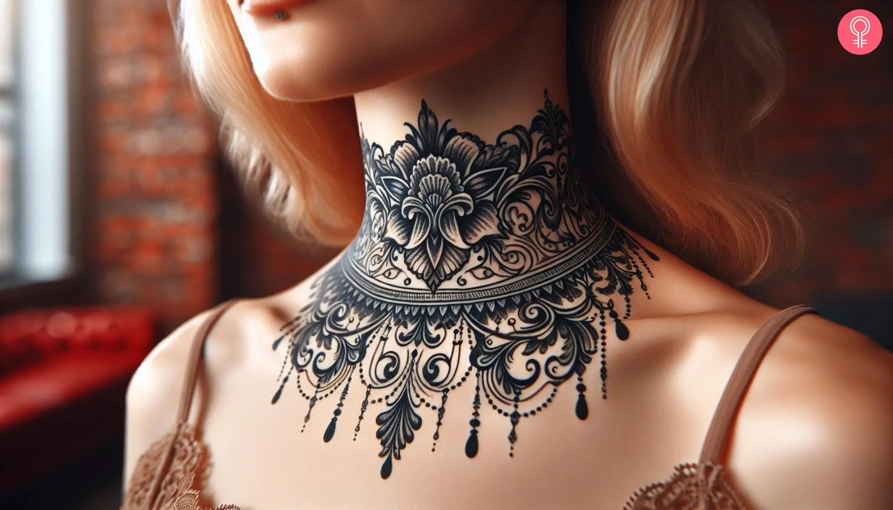 A woman flaunting a Victorian-era necklace tattoo on her neck