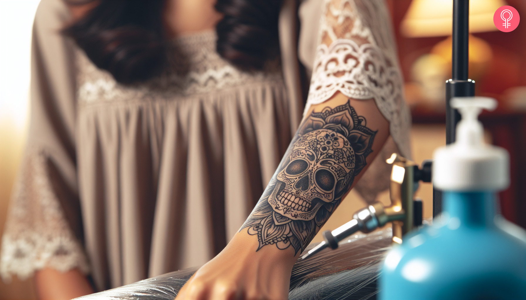 A woman flaunting a Victorian gothic skull tattoo on her wrist