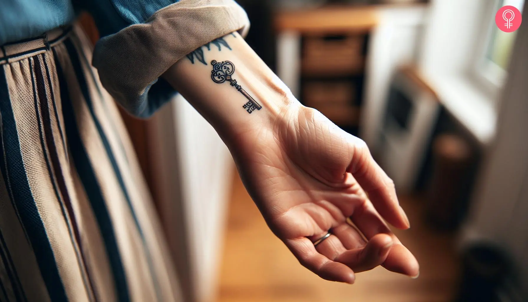 A woman flaunting a Victorian key tattoo on her hand