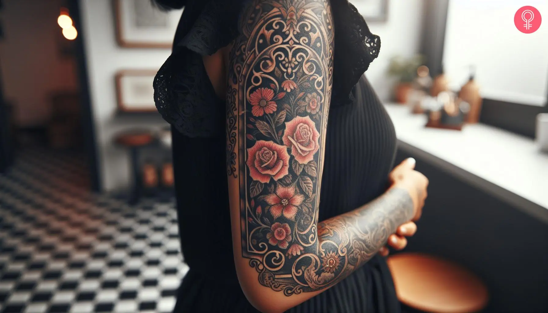 A woman flaunting a Victorian vintage tattoo on her arm