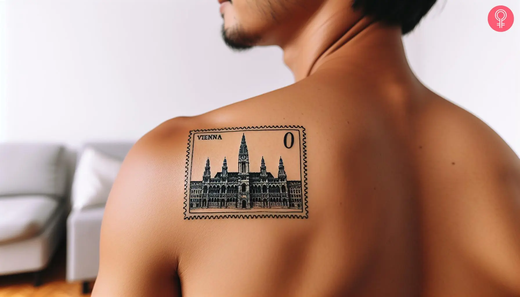 A man wearing a Vienna postage stamp tattoo on back shoulder