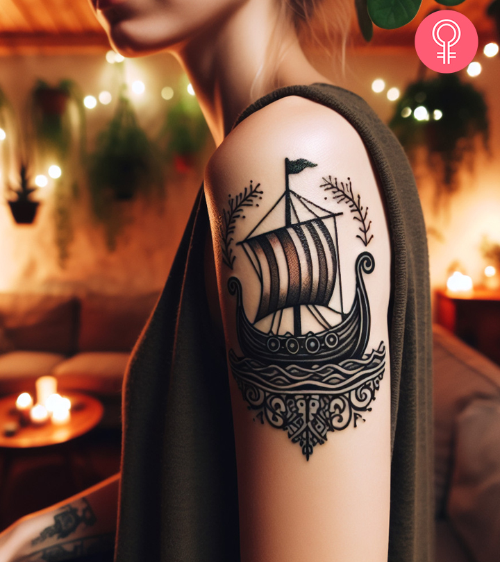 A Viking ship tattoo on the upper arm