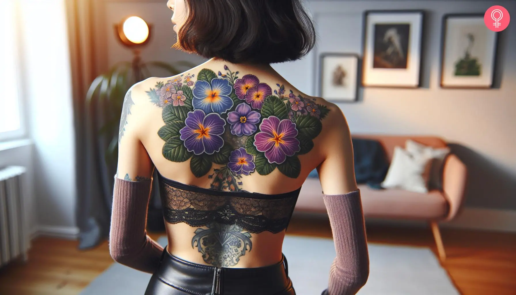 A woman wearing a violet and primrose tattoo on the back