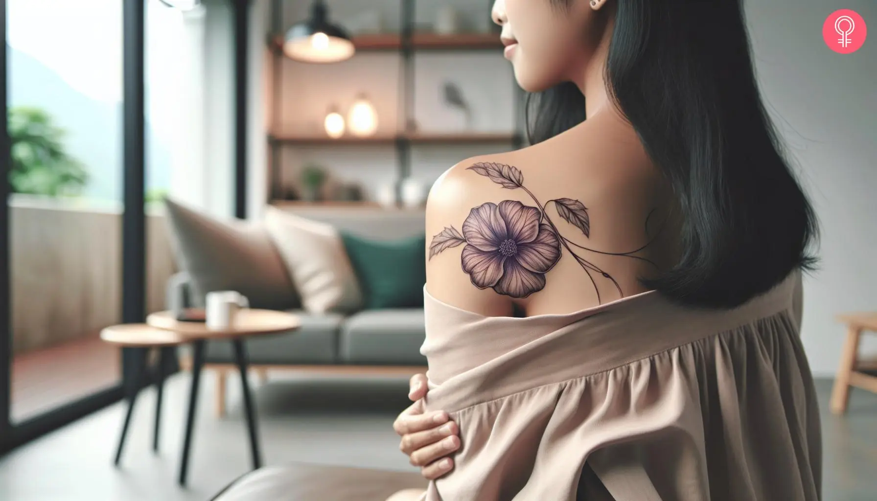 A woman wearing a violet flower tattoo onher should her rendered in drawing style