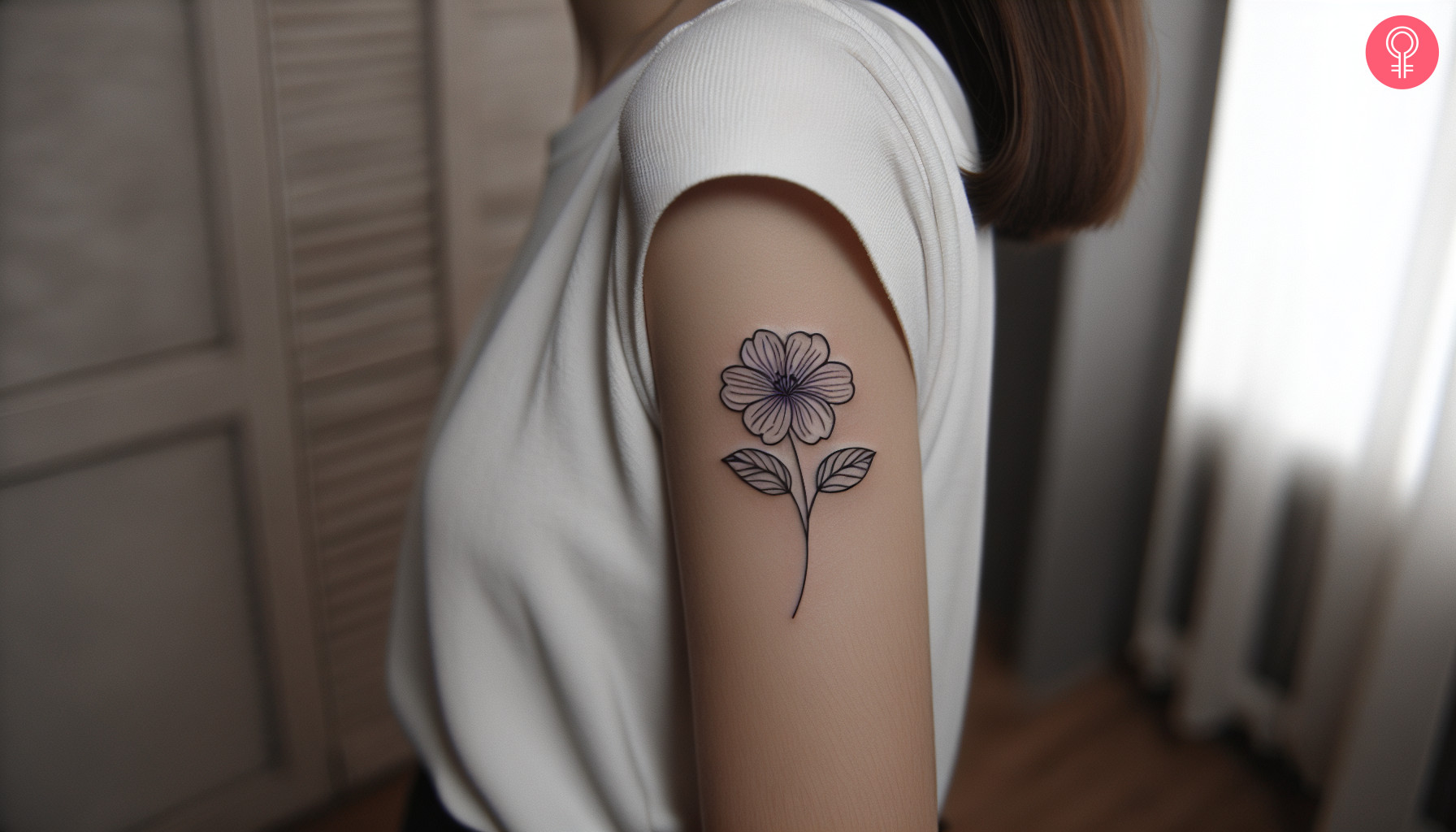 A woman wearing a violet flower outline tattoo on the upper arm