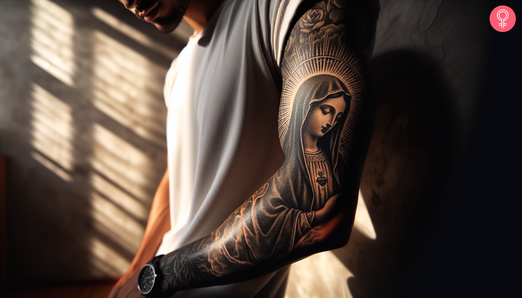 Man with a full-sleeve black ink Virgin Mary tattoo on the arm