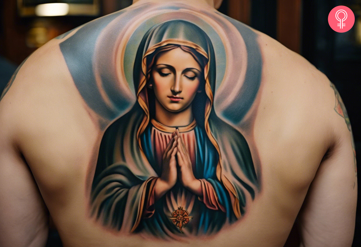 Man with a virgin Mary back tattoo