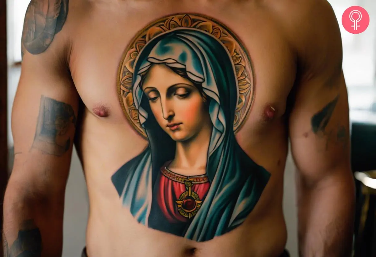 Man with a simple yet colorful Virgin Mary chest tattoo