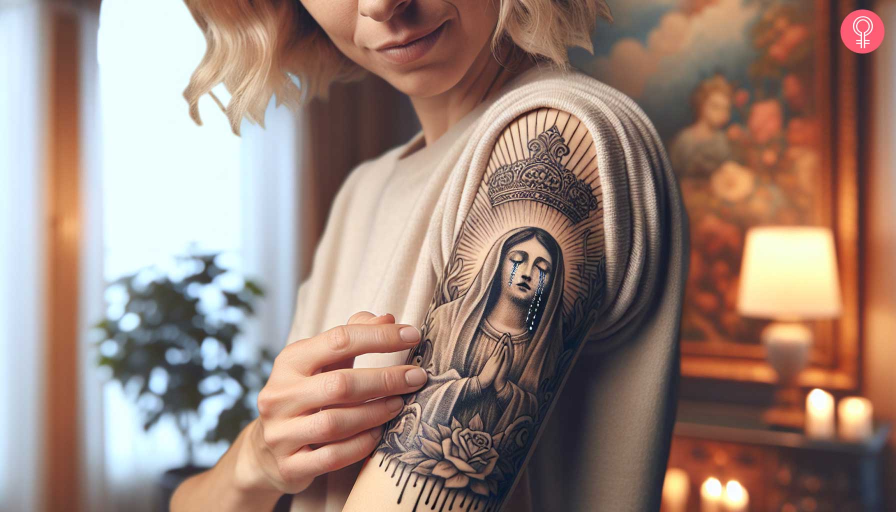 Woman with a beautiful crying portrait tattoo of the Virgin Mary