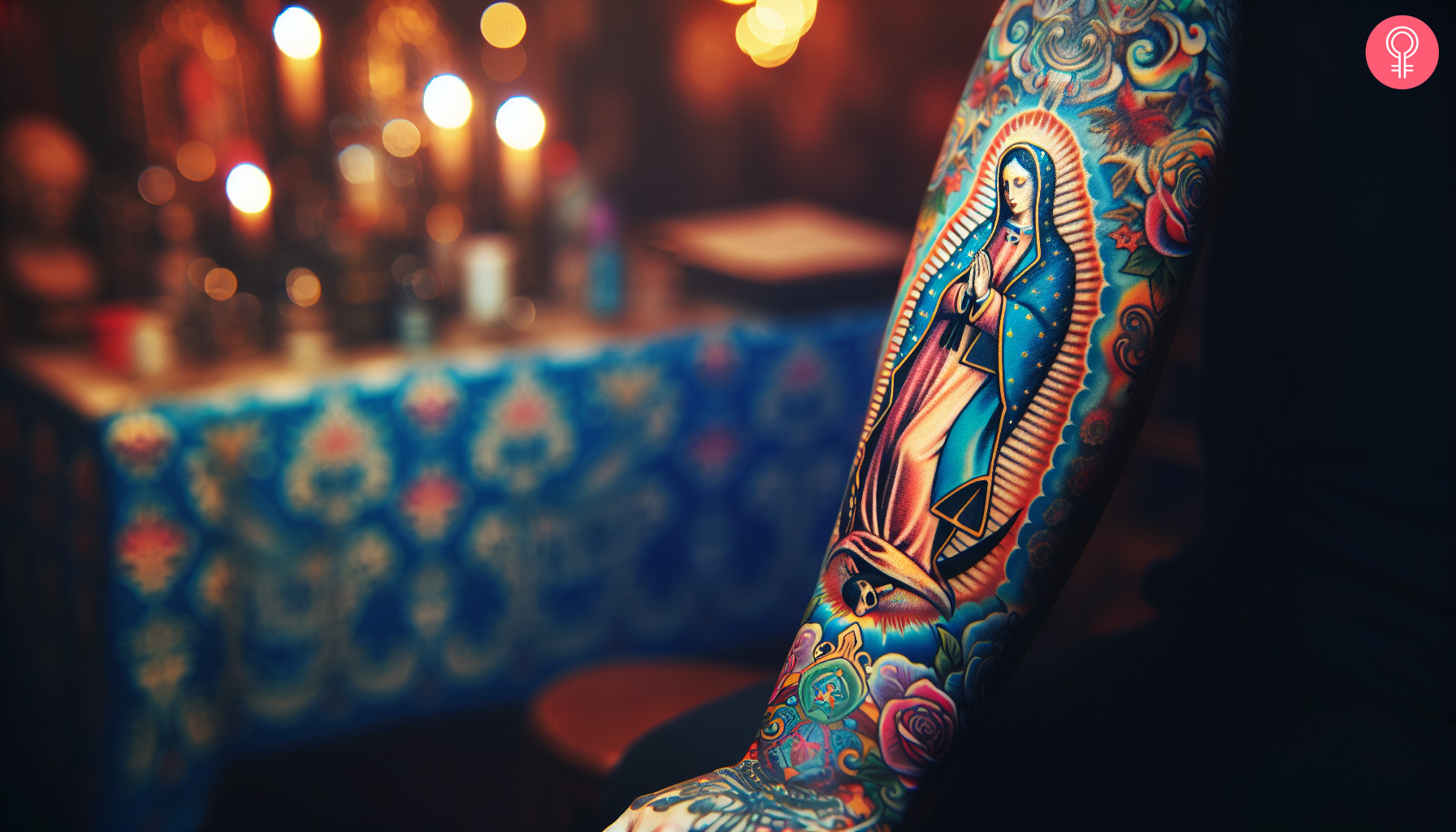 Woman with a colorful half-sleeve forearm tattoo of the Virgin Mary