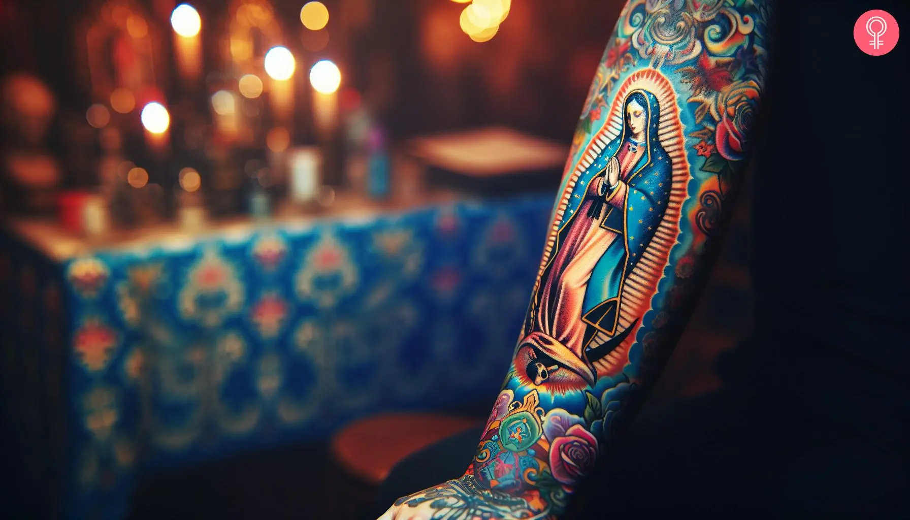 Woman with a colorful half-sleeve forearm tattoo of the Virgin Mary