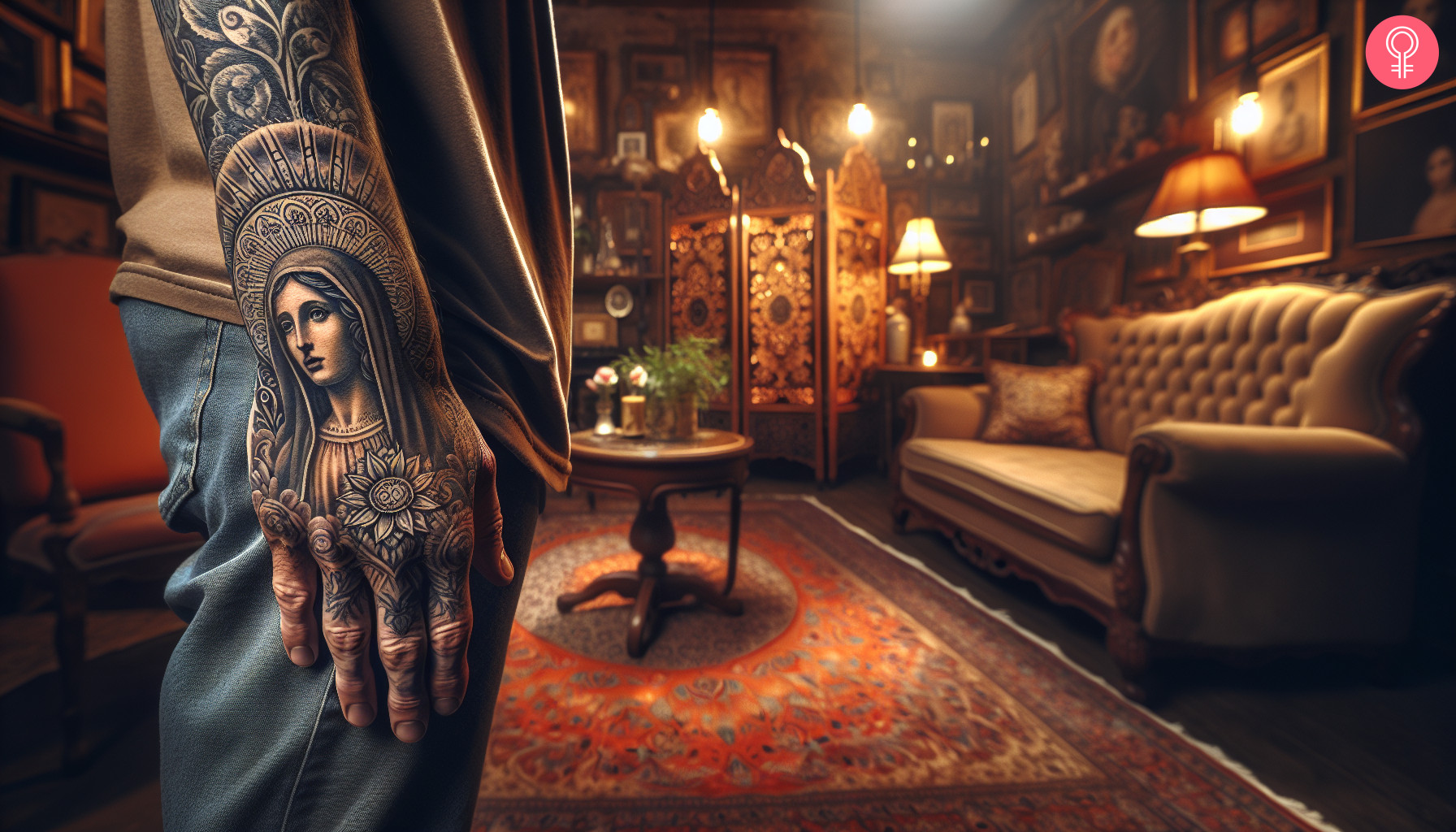 Man with an intricate blackwork virgin Mary hand tattoo