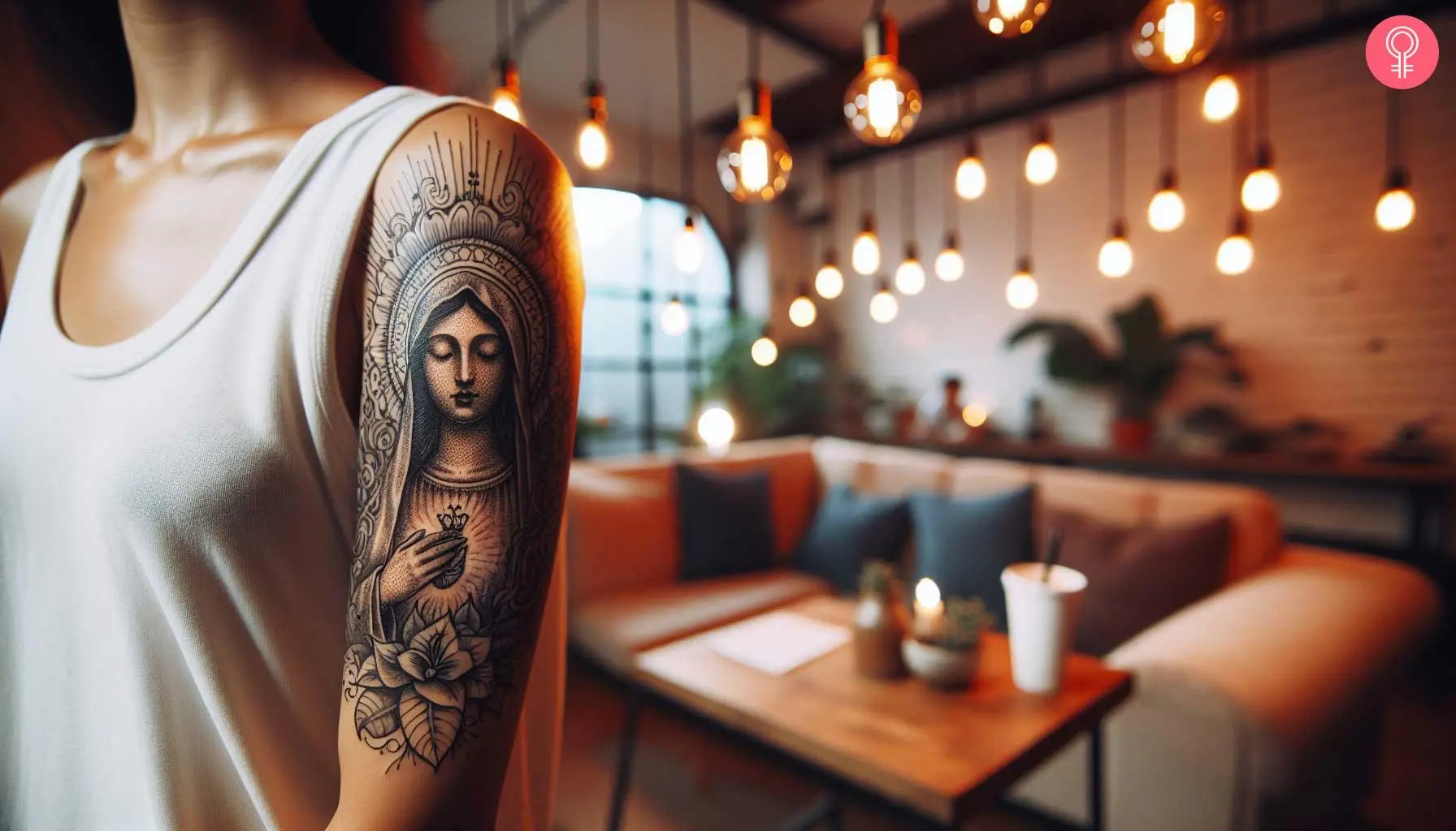 Woman with a pretty black outline Virgin Mary tattoo on the upper arm