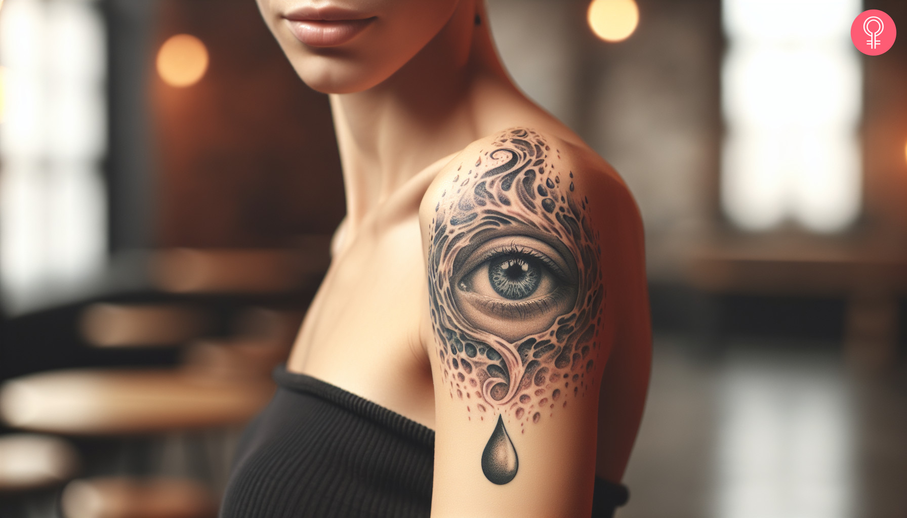 A woman with a colored water drop eye tattoo on her upper arm