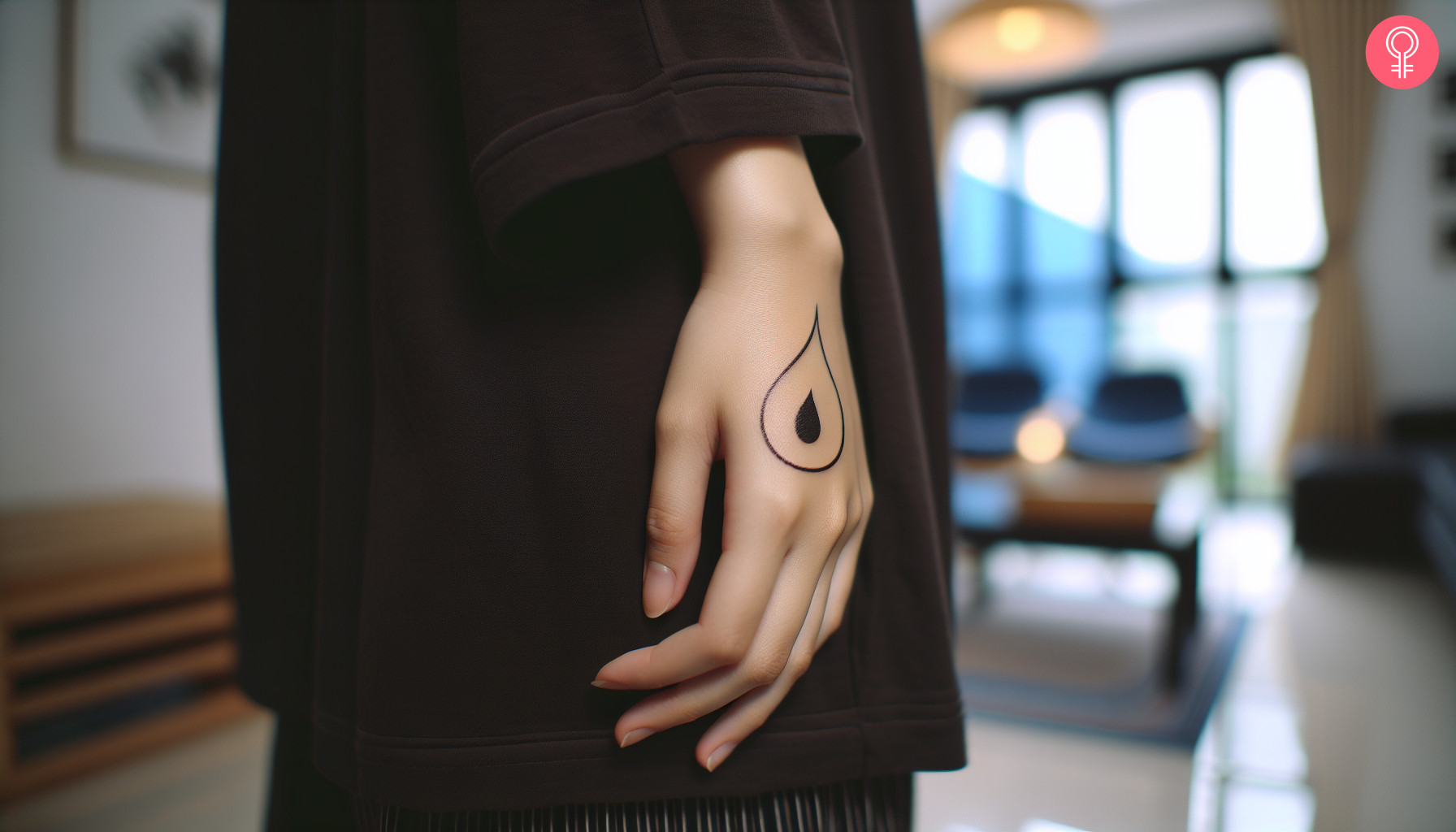 A woman with a simple black water drop tattoo on her hand