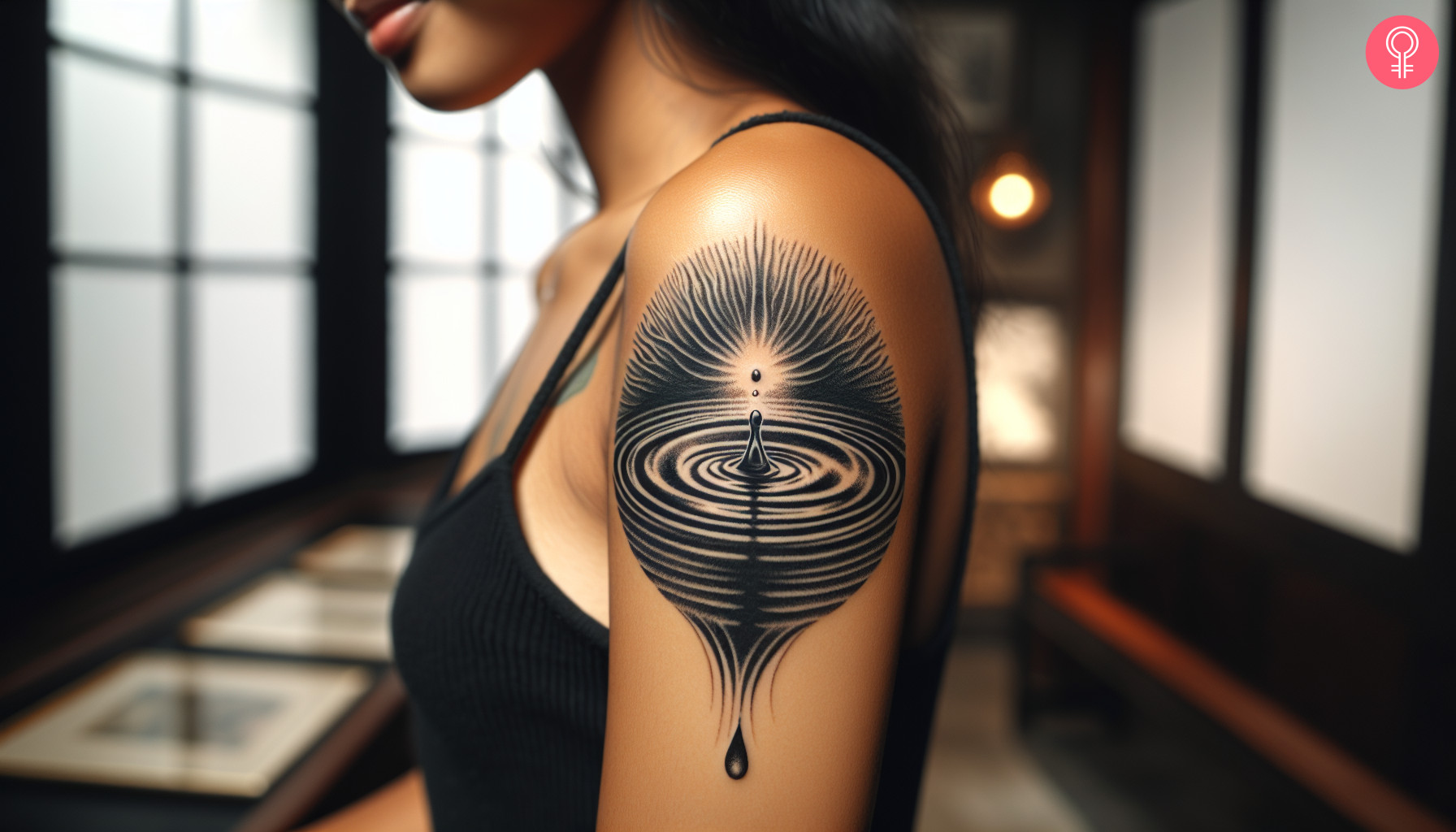 A woman with a bold water drop ripple tattoo on her upper arm