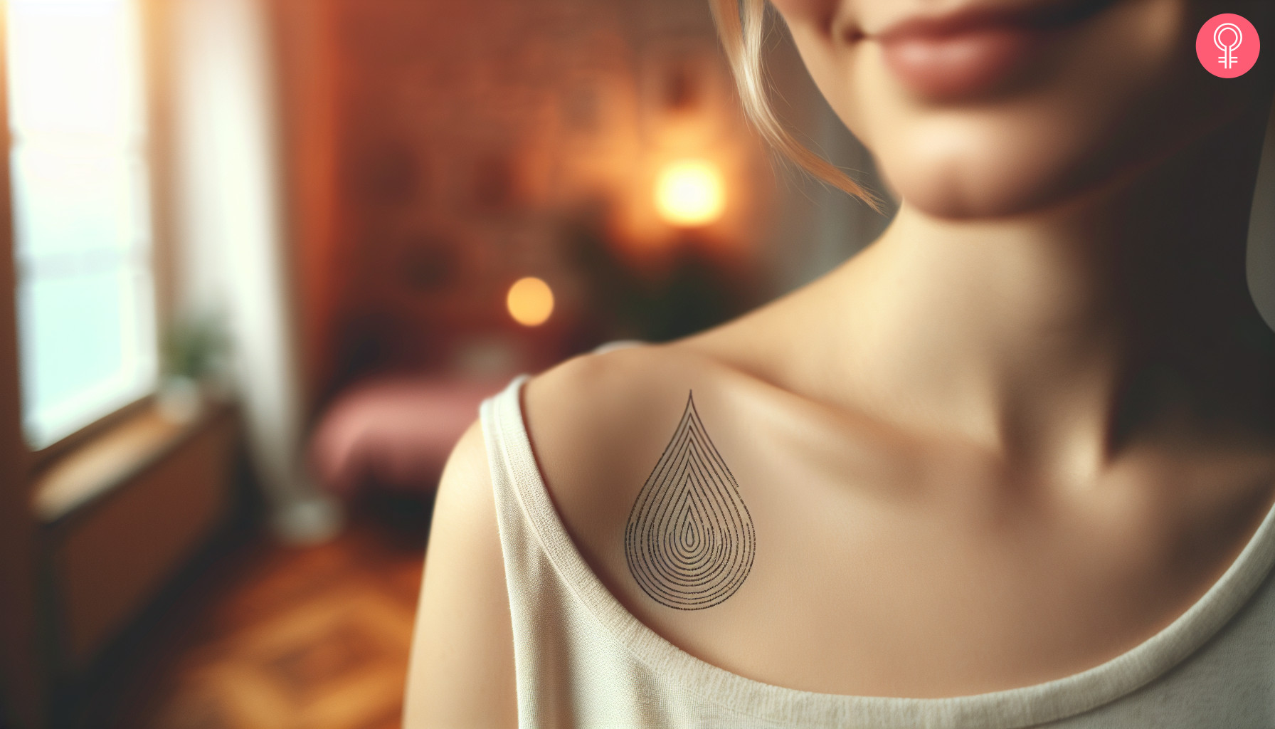 A woman with a simple water drop tattoo on her shoulder