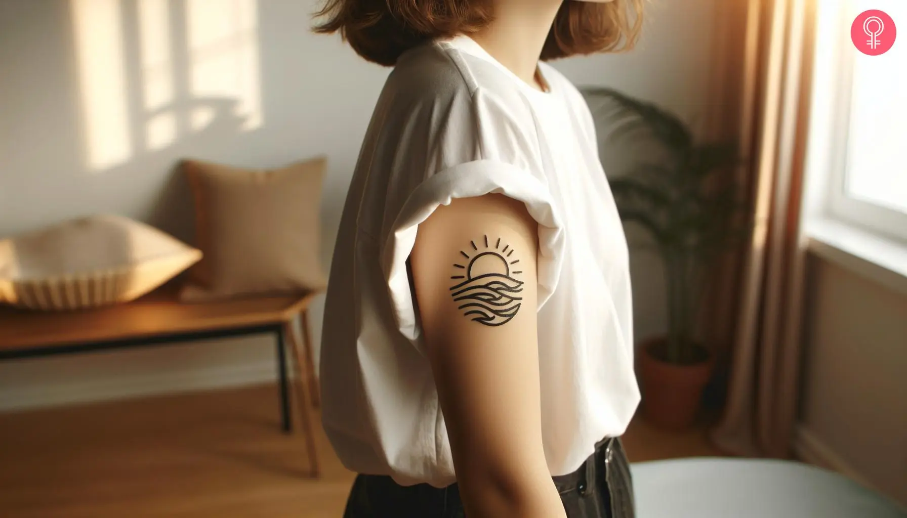 A woman with a ‘water waves and rising sun’ tattoo on the upper arm